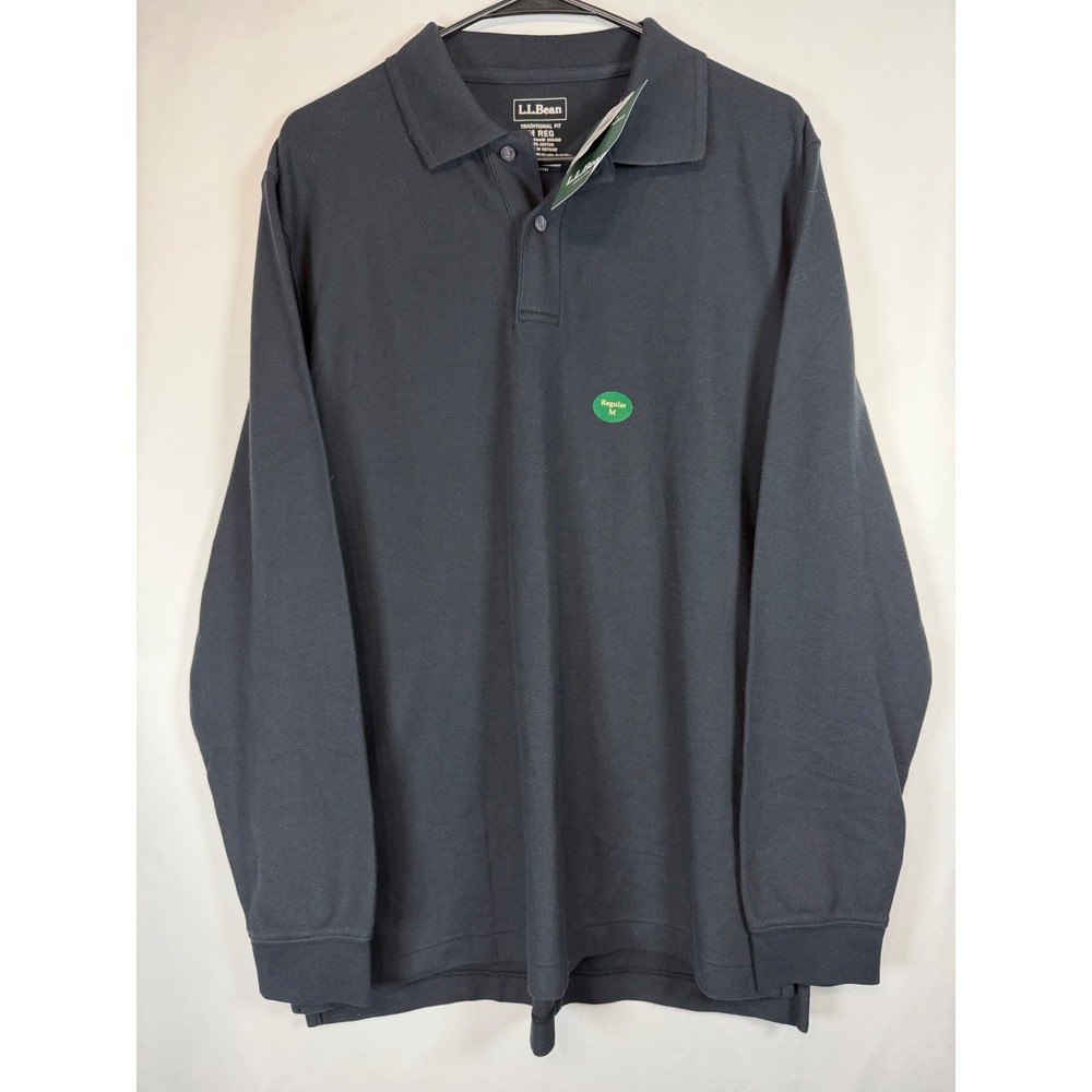 LL Bean Mens Premium Double L Polo Shirt Navy Blue Cotton Long Sleeve Medium M